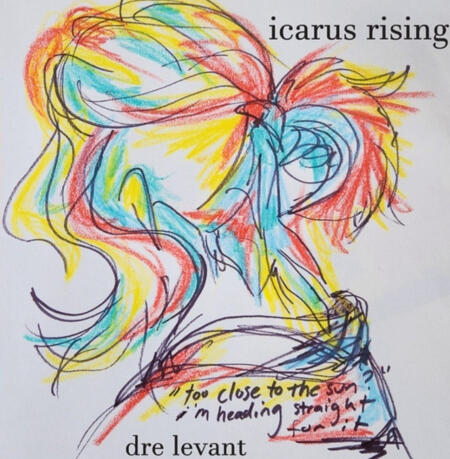 scribbly sharpie and crayon art portrait of a person looking away from the viewer with shoulder length hair and a short ponytail. The hair is coloured with patches of orange, yellow and blue. The words, "icarus rising" are at the top.